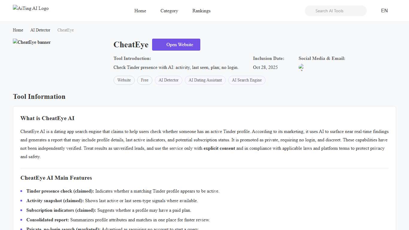 CheatEye AI: Check Your Dating Profile Visibility Safely AiTing AI